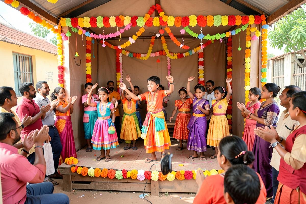 Preschool children in colourful costumes dancing on a decorated stage