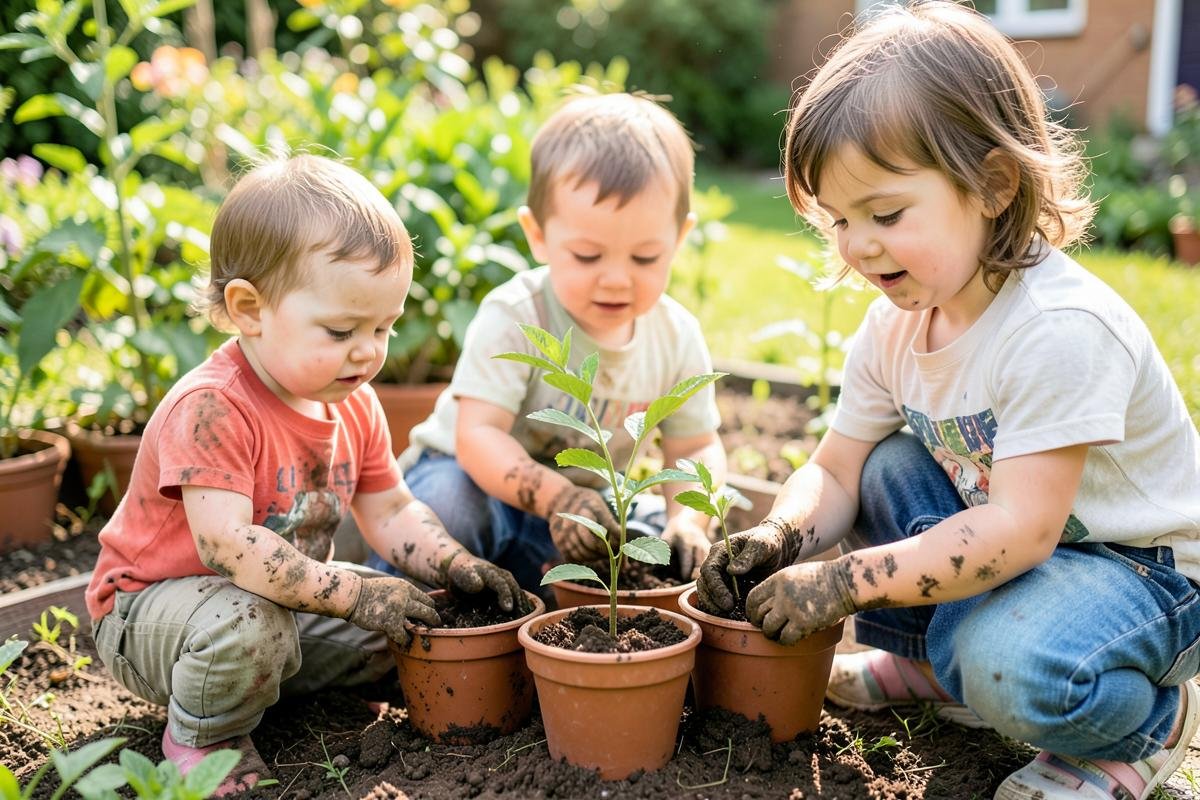 Young children planting saplings in pots with soil on their hands
