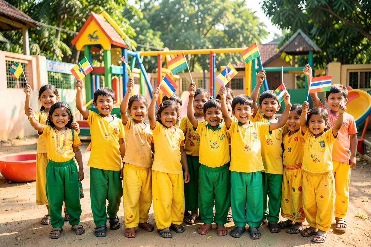 Children in yellow and green holding small flags in a Juzzkidz playground