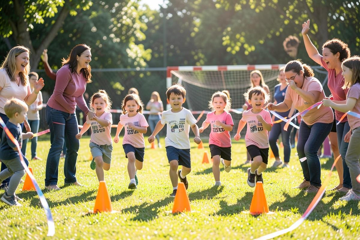 Young children running a race on grass at a Juzzkidz sports day